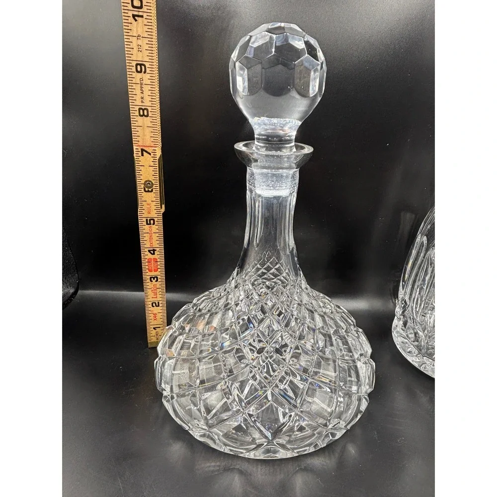Vintage Cut Glass Decanter with Large Geometric Globe Stopper Diamond Pattern